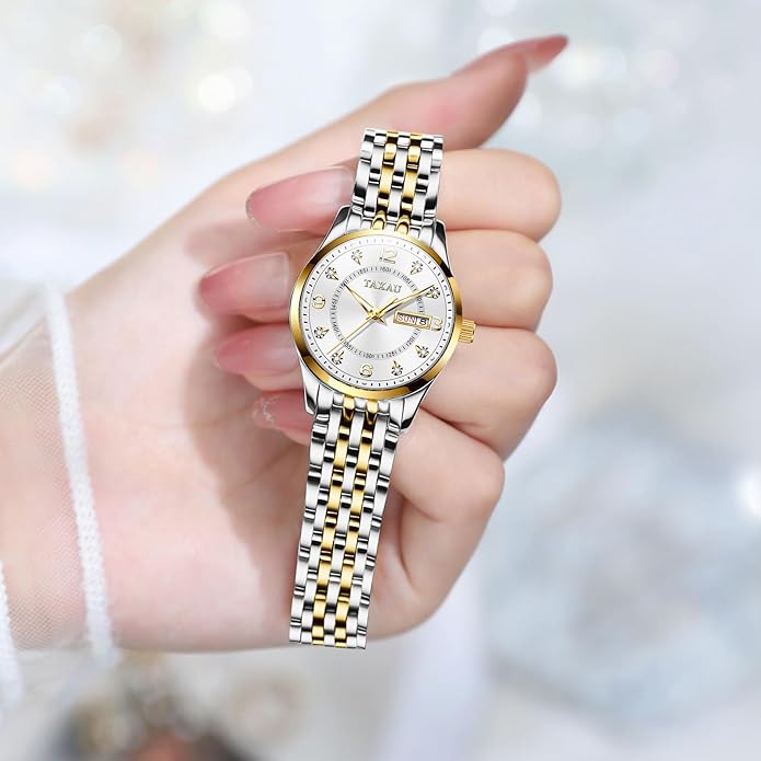 Gold Silver Two Tone Women Stainless Steel Watch Small Wrist ElegantDress Watch for Women Fashion Luxury Waterproof Day Date Analog Quartz Ladies Watches