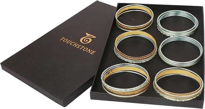 Touchstone Indian Metal Bangles for Women Gold Alloy Bracelets desi 2 Dozen Bangle Collection Bollywood Women's Jewelry Set Multi Stacking Wide Chunky Textured Golden Set of 24 in Gold or White Tone