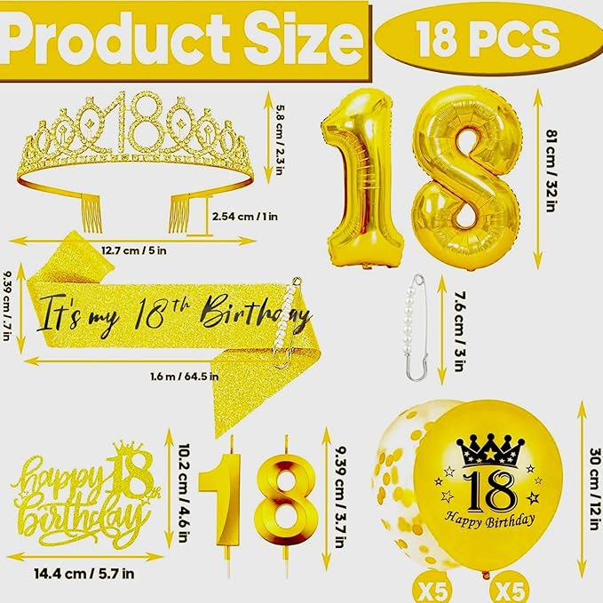 18th Birthday Decorations for Her Girls Set, Include 18th Birthday Crown and 18 Sash, 18th Birthday Cake Topper and 18 Birthday Candles, Gold 18 Balloons, Women 18th Party Supplies(Gold)