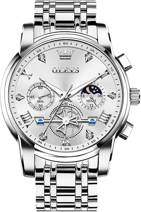 OLEVS Men Watches Stainless Steel Chronograph Watch, Large Wrist Analog Quartz Watch, Fashion Waterproof Diamond Roman Numerals Dress Watches for Men, Gold/Black/White/Blue/Grey Dial