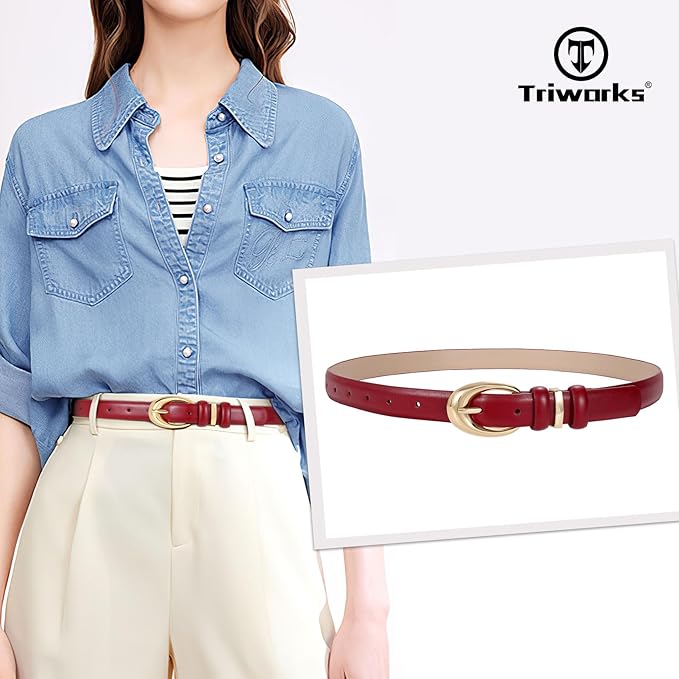 TRIWORKS Women Leather Belt for Jeans Pants Fashion Ladies Skinny Faux Leather Dress belt with Gold Buckle