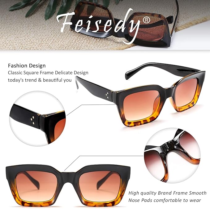 FEISEDY Classic Women Sunglasses Fashion Thick Square Sun Glasses Chunky Frame UV400 B2471