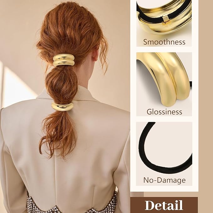 3PCS Gold Hair Ties, Metal Hair Ties for Thick Hair, Elegant Durable Geometric Design, Gold Hair Accessories Stretchy and Non-Damage Ponytail Cuff Holders, 3 Styles in Box Holiday Gifts