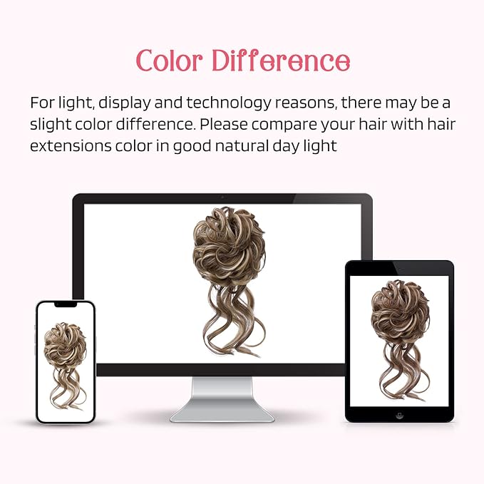 HOOJIH 2PCS Messy Bun Hair Piece, Tousled Updo With Tendrils Extensions, Wavy Curly Wrap Ponytail Hairpieces Scrunchies for Women HB010 Dasiy - Light Brown With Medium Golden Blonde