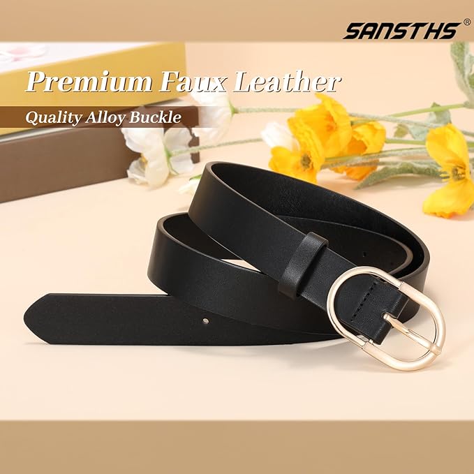 SANSTHS Women Faux Leather Chic Belts for Jeans Pants Fashion Ladies Belt Solid Color with Gold Curved Pin Buckle