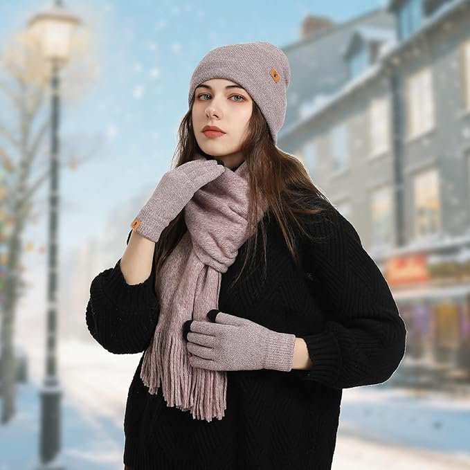 Winter Warm Beanie Hat Touchscreen Gloves Long Scarf Set for Women with Headband, Knit Cap Scarves with Tassel for Women