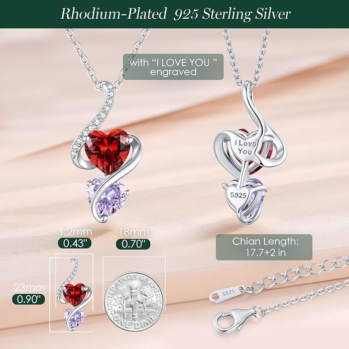 LOUISA SECRET Unique Double Heart Necklace Gifts for Wife Women, 925 Sterling Silver Tiny Birthstone Pendant Jewelry Gift for Her Girlfriend Mom Valentine's Day Anniversary Mother's Day Birthdays & Christmas