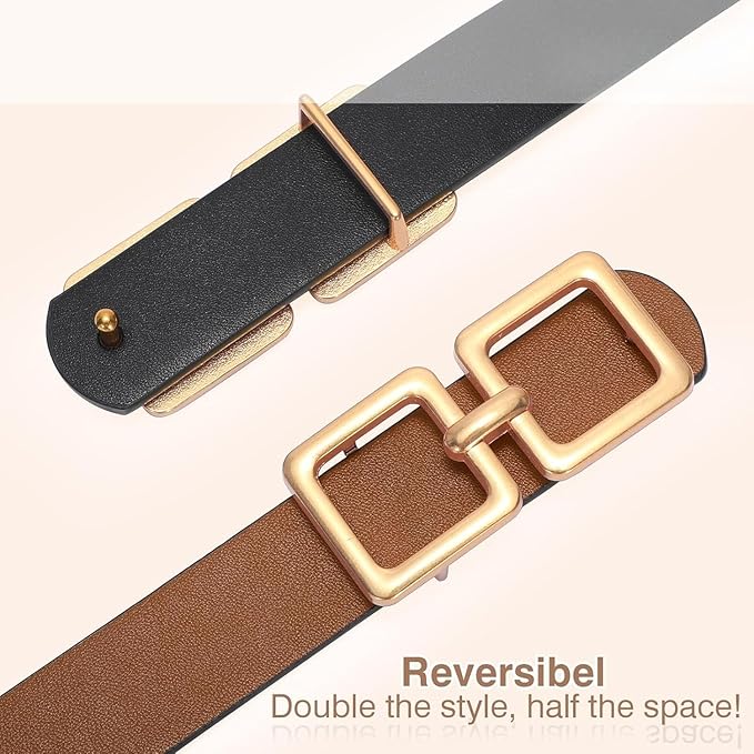 Reversible Genuine Leather Belt for Women - Gold Buckle for Jeans & Dresses