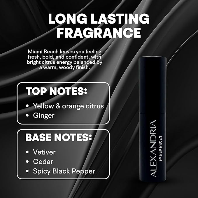 Alexandria Fragrances Miami Beach Perfume - Long Lasting Eau de Parfum for Men & Women - Everyday Men’s Cologne with Citrus, Ginger, Vetiver & Cedar Notes - Inspired by Beach & Summer Vibes - 10ml