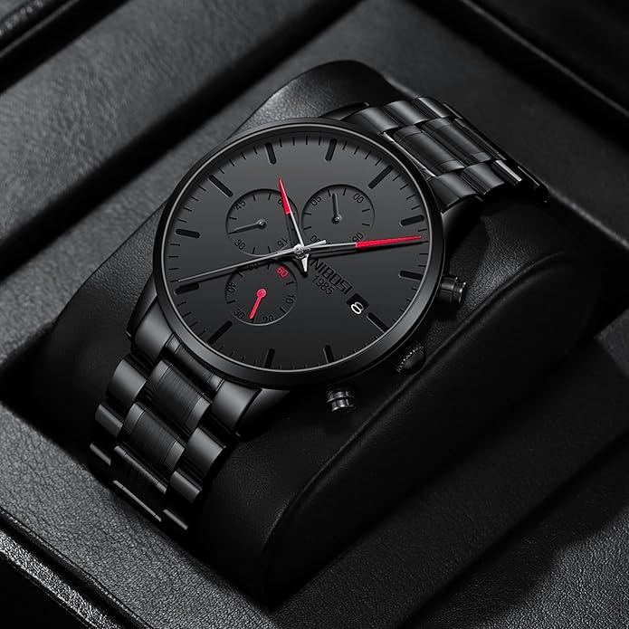 NIBOSI Men's Watches Analog Minimalist Black Dial Watches for Men Business Chronograph Military Casual Wrist Watches Stainless Steel Strap Date