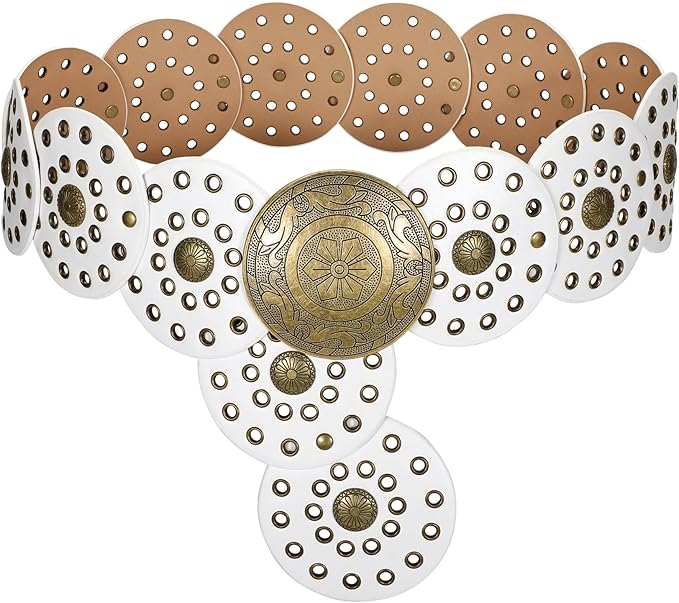 LEACOOLKEY Women's Boho Disc Belt Wide Western Leather Belt Vintage Concho Waist Belts for Dress Jeans