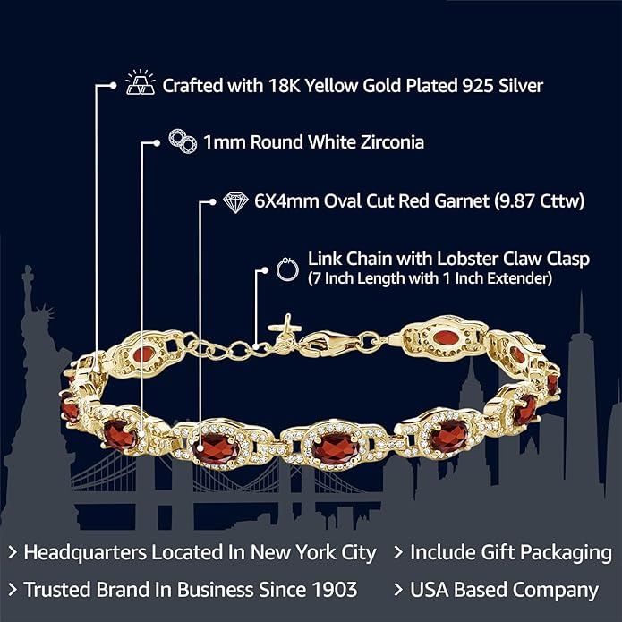 Gem Stone King 18K Yellow Gold Plated Silver Oval Gemstone Birthstone Tennis Bracelet For Women | Oval 6X4MM | 7 Inch With 1 Inch Extender | Fine Jewelry Gifts for Her Mom Women Wife