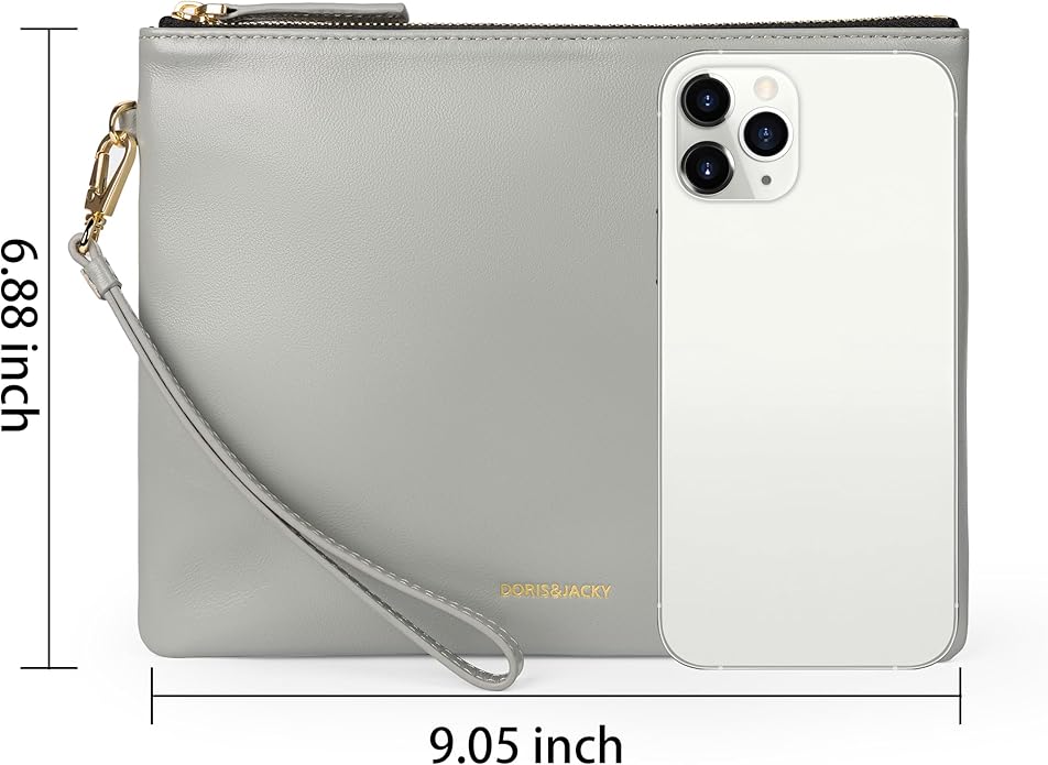 DORIS&JACKY Lambskin Leather Wristlet Clutch Purse for Women Soft Designer Slim Cell Phone Pouch Bag with Detachable Strap