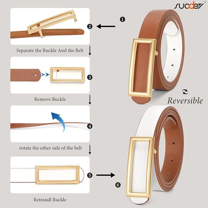SUOSDEY Women Reversible Leather Belts for Jeans Pants Dresses Ladies Fashion Belts with Gold Buckle, 0.9" Width