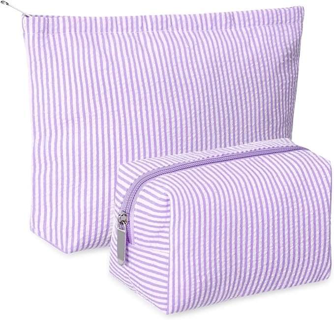 2 Pieces Makeup Bag Set Cute Cosmetic Pouch for Women Seersucker Travel Toiletry Bag Preppy Small Makeup Purse Pouch Aesthetic Skincare Brushes Storage Organizer for Christmas Women(Purple)