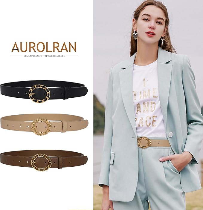 Women's Fashion Classic Metal Buckle Leather Belt with Jeans Dress
