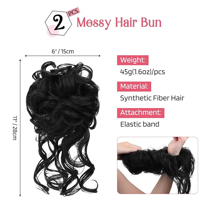 HOOJIH 2 Pack Messy Bun Hair Piece, Wavy Curly Hair Wrap Ponytail Hairpieces, Black