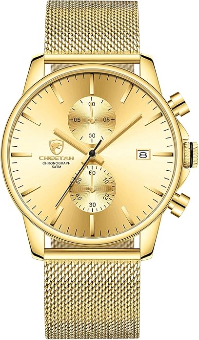 GOLDEN HOUR Mens Watch Fashion Sleek Minimalist Quartz Analog Mesh Stainless Steel Waterproof Chronograph Watches for Men with Auto Date