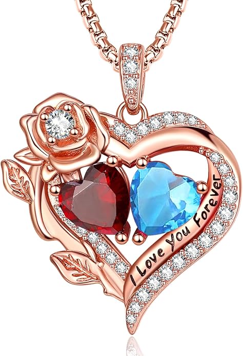 Rose Heart Necklaces for Women, Rose Gold Forever Love Jewelry with 2 Birthstones Pendant, Christmas Anniversarry Birthday Gifts for Her Wife Mom Grandma, 18+2 Inch Chain