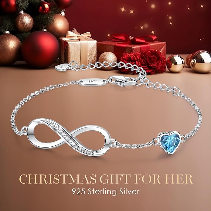 CDE Infinity Heart Birthstone Charm Link Bracelet for Women 925 Sterling Silver Adjustable Mother's Day Christmas Day Gift Anniversary Birthday Jewelry for Wife Girlfriend Her