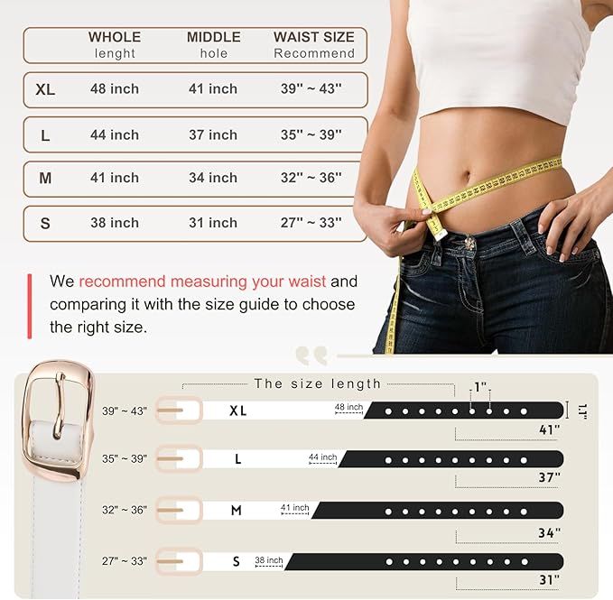 Womens White Belts with Gold Buckle Leather Belts for Women Ladies Fashion Waist Belt