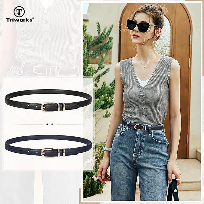 2 Pack Women Skinny Leather Belts for Jeans Pants Thin Faux Leather Belt with Gold Buckle
