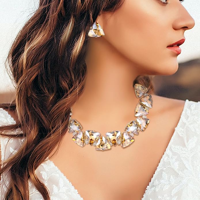 BriLove Art Deco Sparkly Triangle Statement Necklace Earrings Set for Women