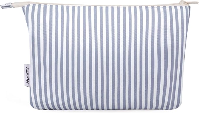 Narwey Small Striped Makeup Bag for Purse Travel Makeup Pouch Cosmetic Bag Zipper Pouch Bags for Women (Greyish Blue Stripe)