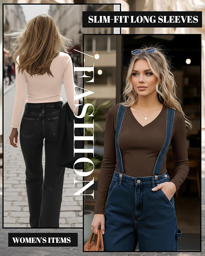 Ficerd 3 Pack Women's Long Sleeve Shirts, V Neck Basic Tees Slim Fitted Casual Fall Tops Going Out Blouses T Shirts