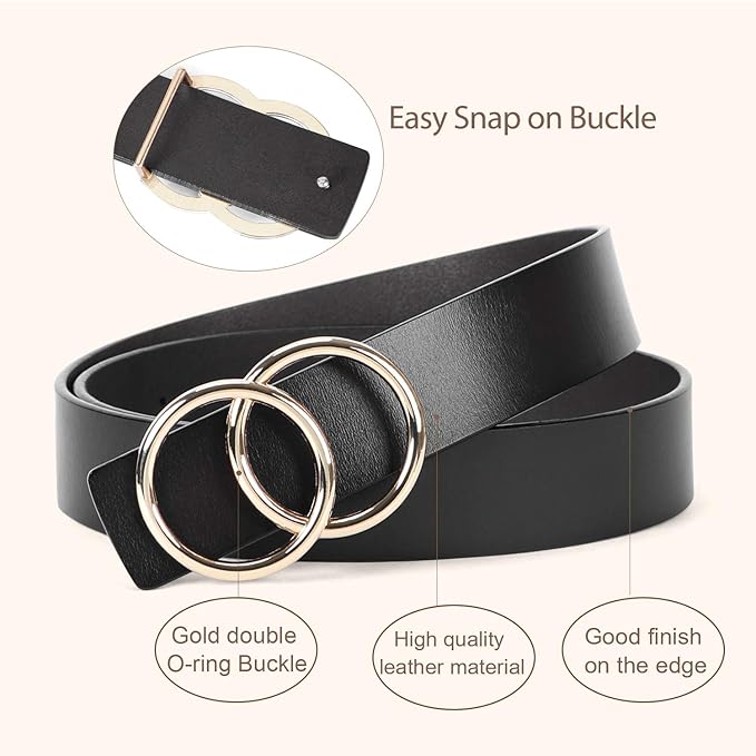 SUOSDEY Women Leather Belt Fashion Double O-Ring Soft Faux Leather Waist Belts For Jeans Dress