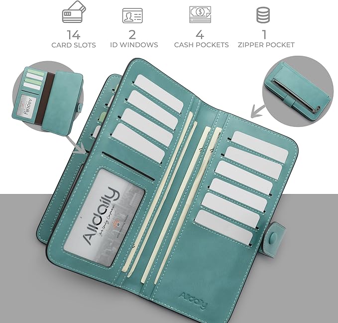 RFID Blocking Leather Wallet for Women, Slim Trifold with 14 Card Slots and Zipper Pocket (Purist Blue)