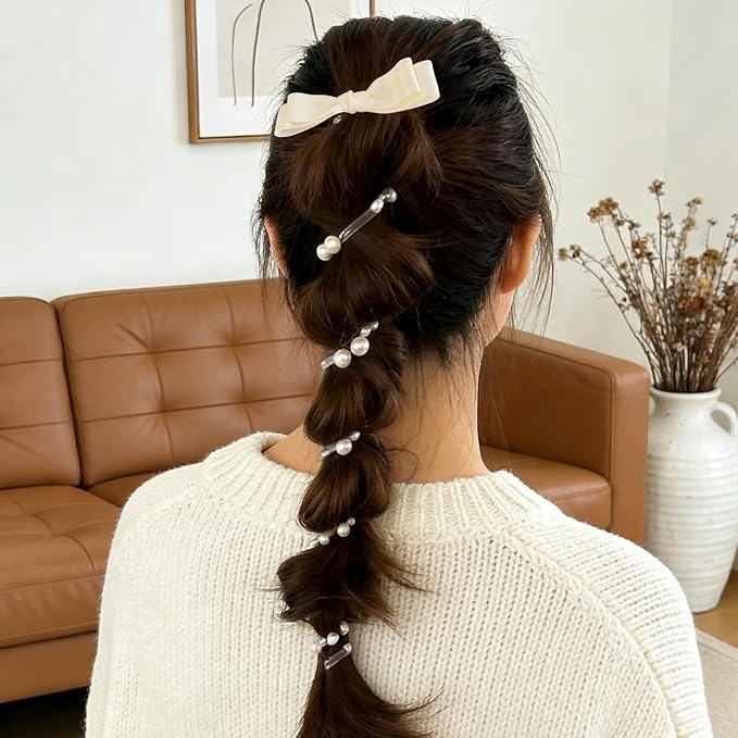3PC Pearl Butterfly Telephone Wire Hair Ties – Spiral Elastic Bubble Ponytail Hair Bands for Women & Girls, No Damage, Soft & Stretchy Hair Accessories for High Ponytails and Braids (set-D)