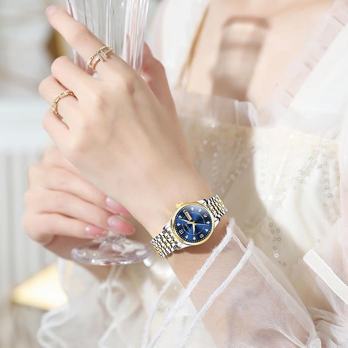 Gold Silver Two Tone Women Stainless Steel Watch Small Wrist ElegantDress Watch for Women Fashion Luxury Waterproof Day Date Analog Quartz Ladies Watches