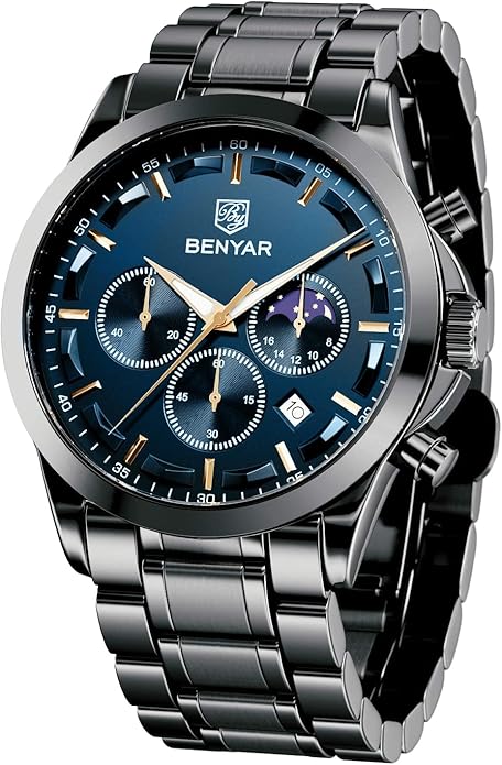 BY BENYAR Mens Watches Analog Quartz Chronograph Waterproof Wrist Watches for Men Fashion Business Work Casual Sport Designer Dress Watch with Calendar Elegant Gifts for Men