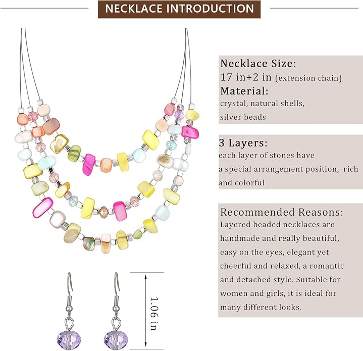 3 Layered Chunky Statement Necklace for Women Beaded Strand Necklaces with Earring Fashion Costumes Collar Necklace Jewelry Sets Gifts for Women