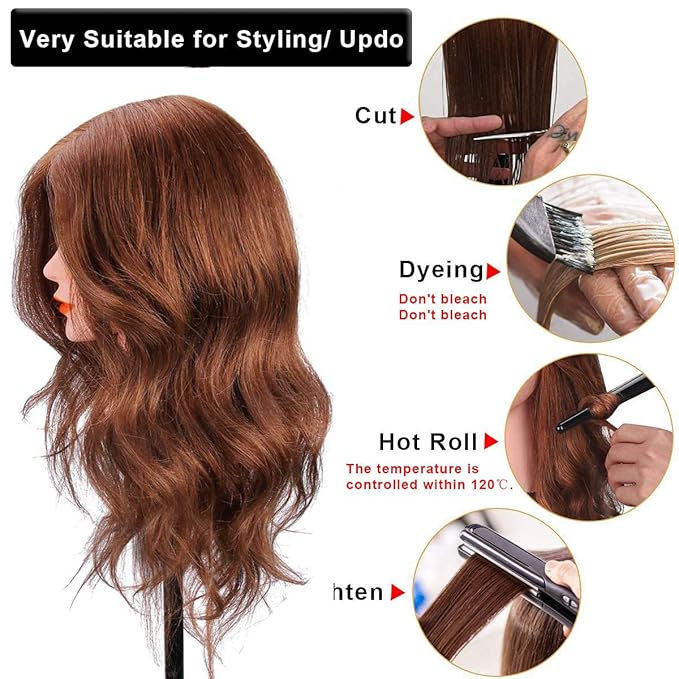 Mannequin Head with 100% Human Hair, SZCY LLC 18" Dark Brown Real Hair Cosmetology Mannequin Head Hair Styling Hairdressing Practice Training Doll Heads with Clamp Holder and Tools