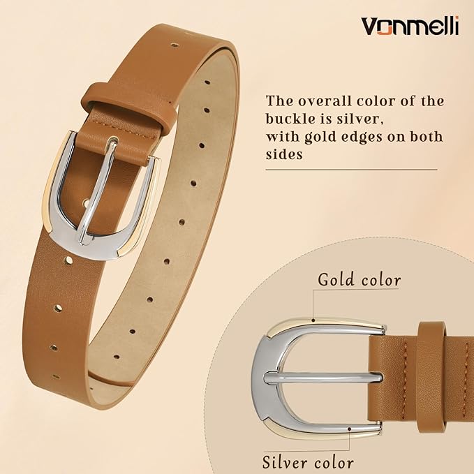 VONMELLI Women Leather Belt for Pants Jeans Dresses Ladies Belts with Fashion Gold Silver Buckle