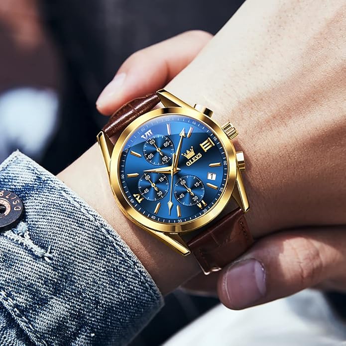 OLEVS Men's Watches Brown Leather with Date,Casual Watches for Men,Large Face Watches Men,Chronograph Mens Watch,Sport Waterproof Business Dress Analog Quartz Men's Wrist Watches Reloj De Hombre