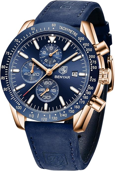 BY BENYAR Watch for Men Analog Quartz Chronograph Waterproof Luminous Designer Mens Wrist Watches Business Work Sport Casual Dress Watch with Silicone Strap Elegant Gifts for Men