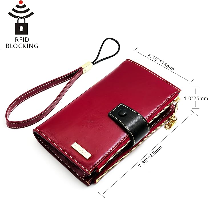 ANDOILT Wallet Women RFID Blocking Genuine Leather Bifold Multi Card Organizer Wristlet Purse Cell Phone Handbag