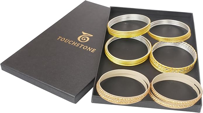 Touchstone Indian Metal Bangles for Women Gold Alloy Bracelets desi 2 Dozen Bangle Collection Bollywood Women's Jewelry Set Multi Stacking Wide Chunky Textured Golden Set of 24 in Gold or White Tone