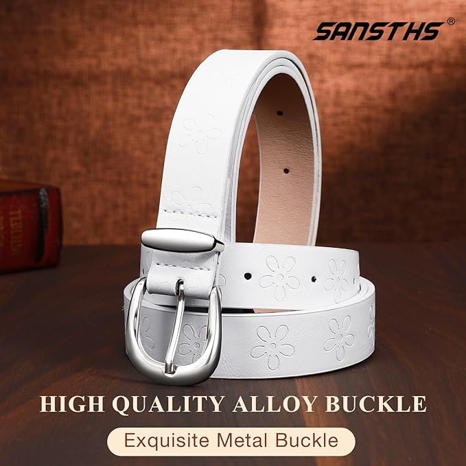 SANSTHS Womens Belt for Jeans Pants Dresses with Alloy Buckle, Floral Print Belt for Women with Unique Print Design