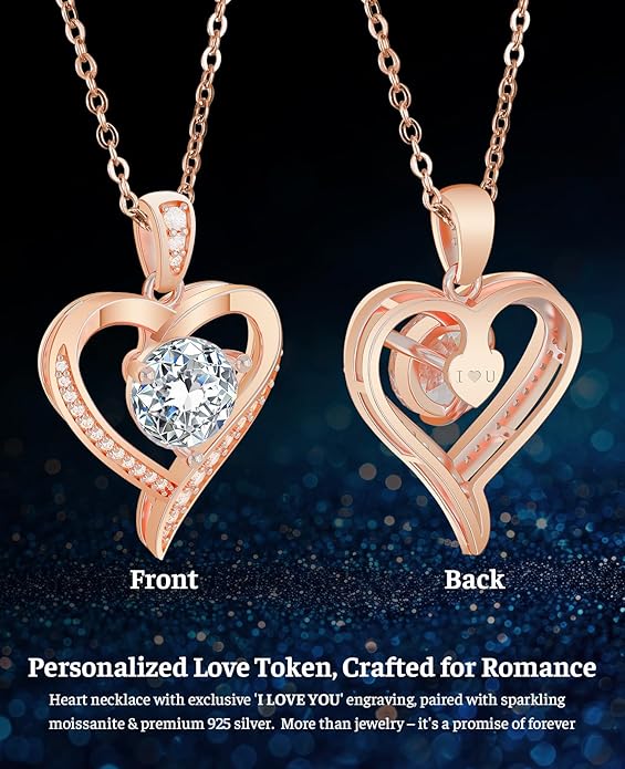 Heart Pendent Necklaces for Women, 1-3ct Moissanite Necklace with I love U Engraving - Anniversary Birthday Gifts for Women Her Wife Girlfriend Mom, 925 Silver Jewelry