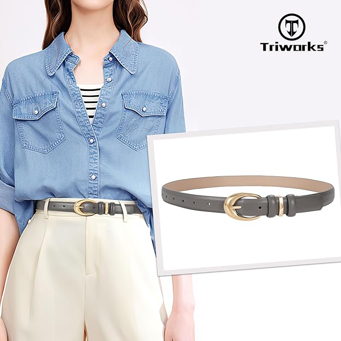 TRIWORKS Women Leather Belt for Jeans Pants Fashion Ladies Skinny Faux Leather Dress belt with Gold Buckle