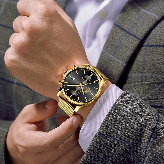 GOLDEN HOUR Mens Watch Fashion Sleek Minimalist Quartz Analog Mesh Stainless Steel Waterproof Chronograph Watches for Men with Auto Date
