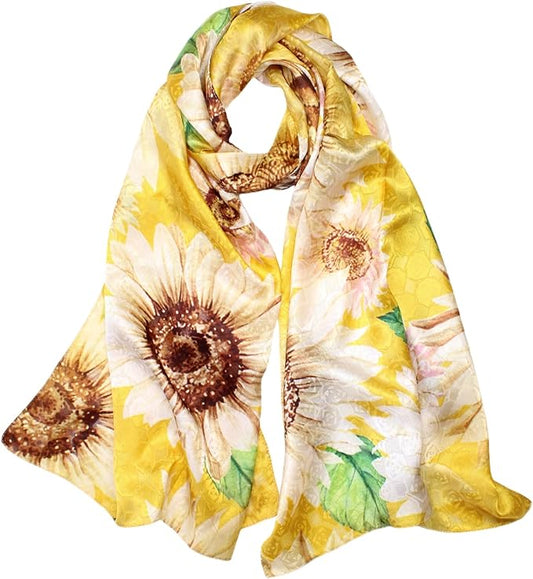 100% Mulberry Silk Scarfs for Women Floral Print Satin Long Scarf for Headscarf Hair Wraps Shawl with Gift Packed