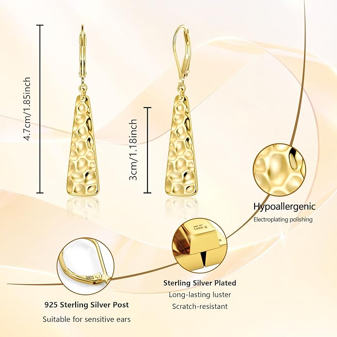 ALEXCRAFT 925 Sterling Silver Dangle Earrings for Women, 14K Gold Plated French Leverback Earrings, Hypoallergenic Lightweight Statement Hammer Square Bar Long Drop Earing for Women Trendy Jewelry