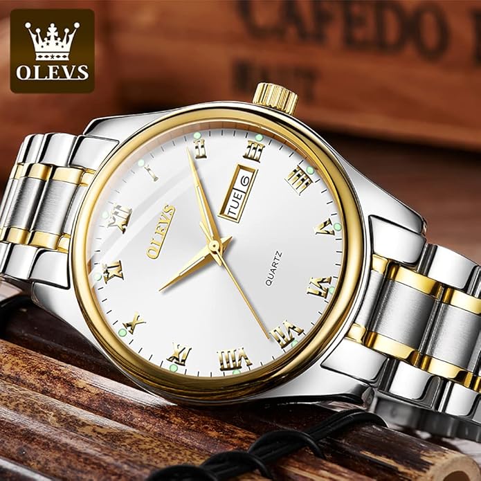 OLEVS Classic Men Watches with Date,Stainless Steel Man Watch with Date, Bussiness Watches for Men,Luminous Quartz Mens Watches Black/White/Blue/Gold, Waterproof Male Watch with Week