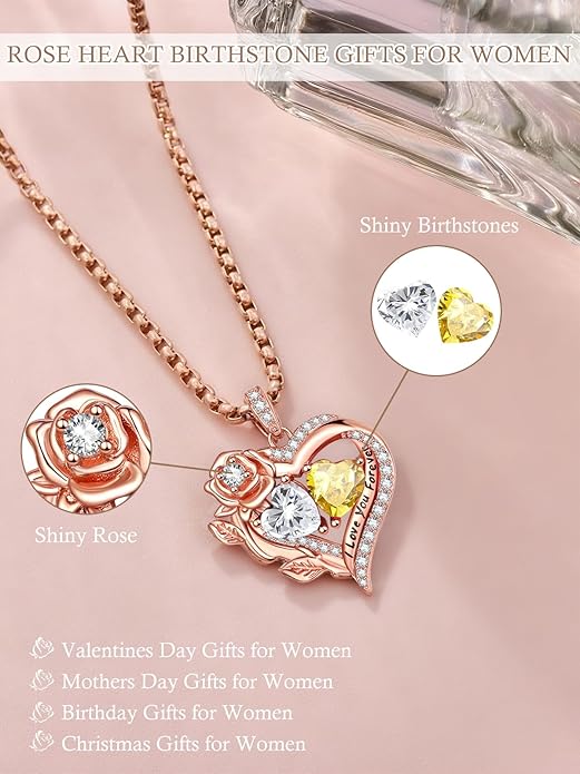 Rose Heart Necklaces for Women, Rose Gold Forever Love Jewelry with 2 Birthstones Pendant, Christmas Anniversarry Birthday Gifts for Her Wife Mom Grandma, 18+2 Inch Chain