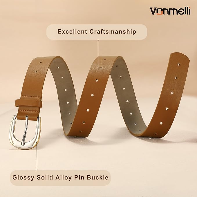 VONMELLI Women Leather Belt for Pants Jeans Dresses Ladies Belts with Fashion Gold Silver Buckle
